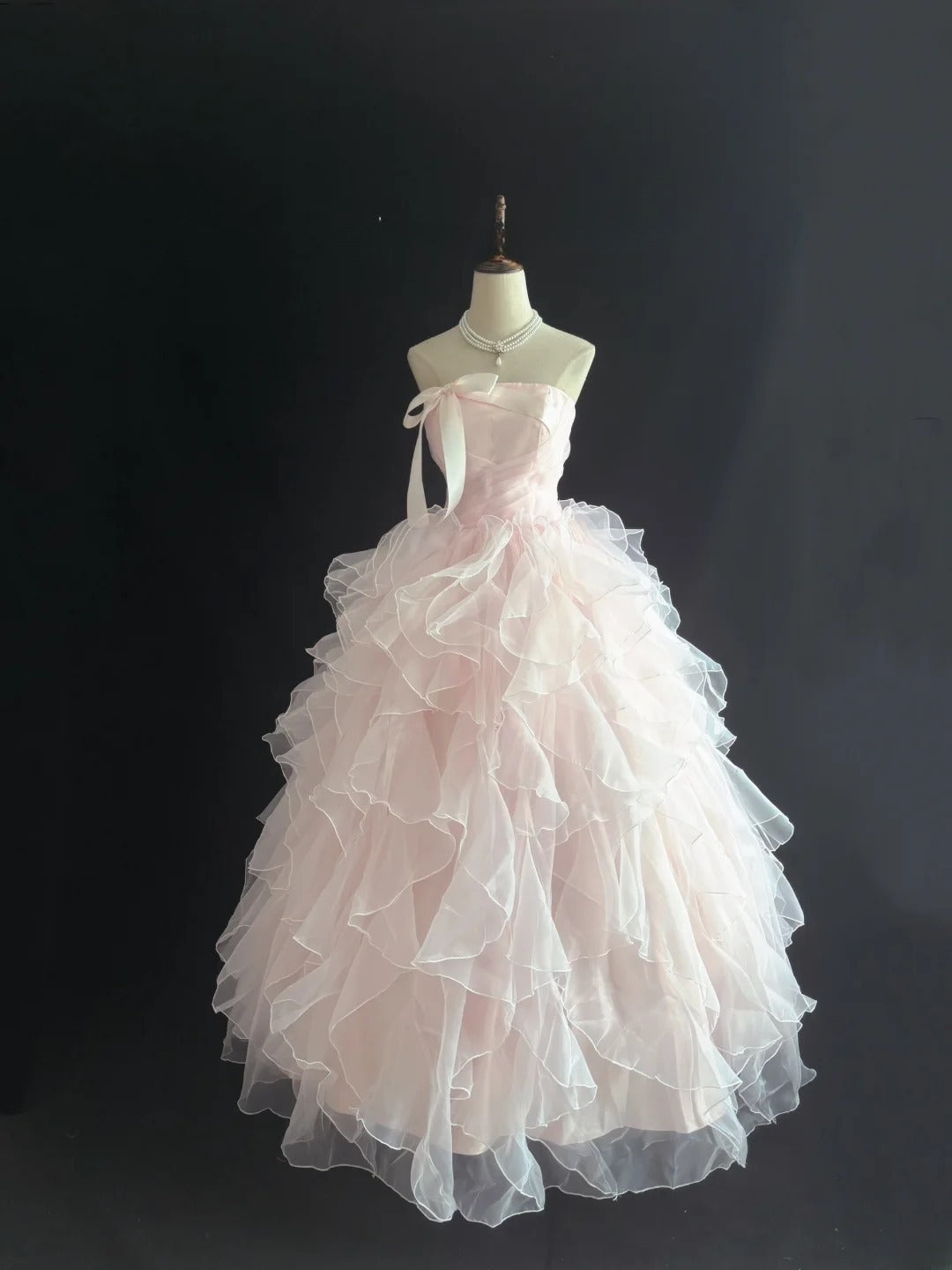 Cute Ball Gown Strapless Pink With Bow Ruffles Tiered Long Quince Dress Voluminous Sweet 16 Sweet Sixteen Outfits Vestido de 15 RB7547