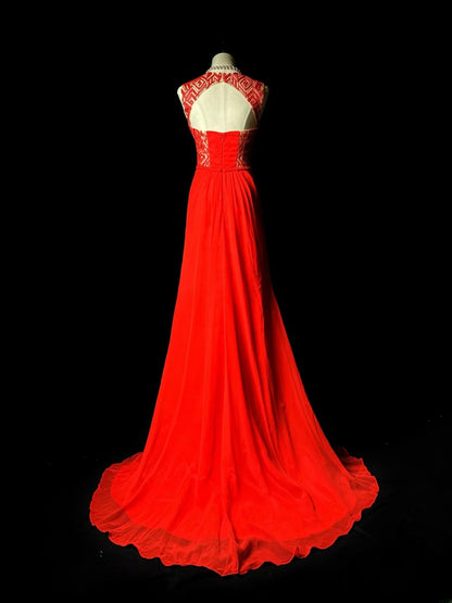 Chic Prom Dresses A line V Neckline Red Chiffon Open Back Sleeveless Long Formal Outfits RB5976