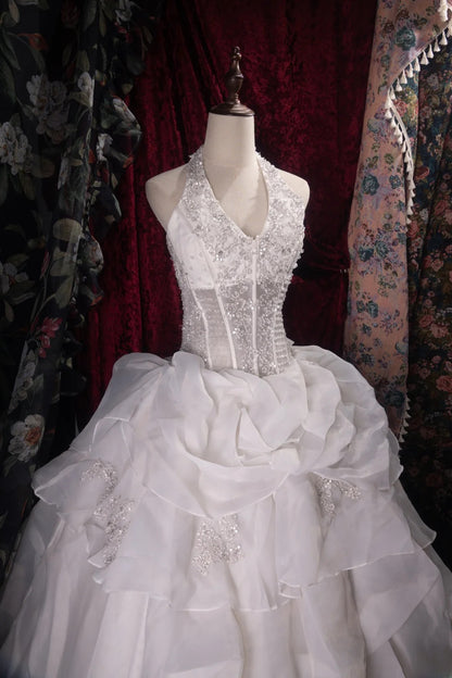 Dreamy Princess Ball Gown Formal Events Halter White Chiffon With Tiered Quince Dress Quinceanera Dresses Birthday Outfits RB8365