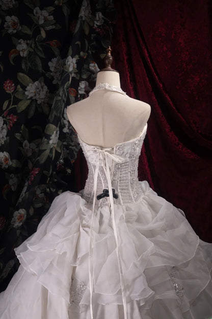Dreamy Princess Ball Gown Formal Events Halter White Chiffon With Tiered Quince Dress Quinceanera Dresses Birthday Outfits RB8365