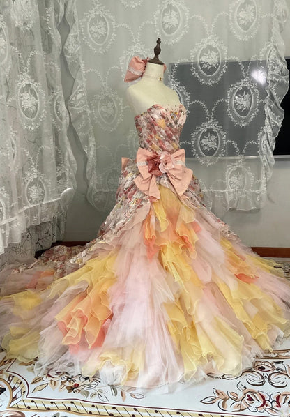 Strapless Pink Yellow Ombre Tiered Tulle Ball Gown Sweet 16 Dress, Long Ruffled Sweet Sixteen Birthday Party Dress RB9959