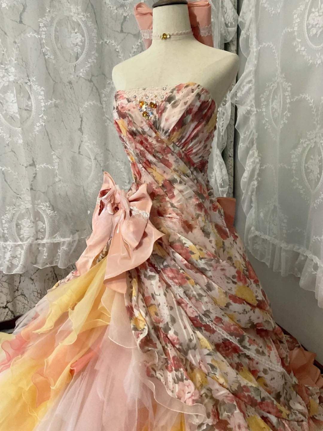 Strapless Pink Yellow Ombre Tiered Tulle Ball Gown Sweet 16 Dress, Long Ruffled Sweet Sixteen Birthday Party Dress RB9959