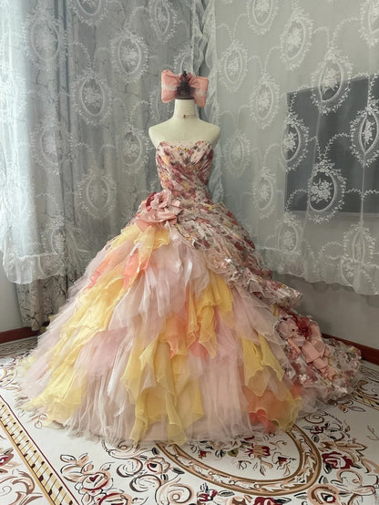 Strapless Pink Yellow Ombre Tiered Tulle Ball Gown Sweet 16 Dress, Long Ruffled Sweet Sixteen Birthday Party Dress RB9959