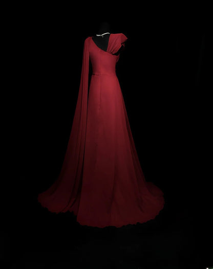 Chic Prom Dresses A line Wine Red Chiffon With Ruffled Sleeveless Long Formal Outfits RB5977