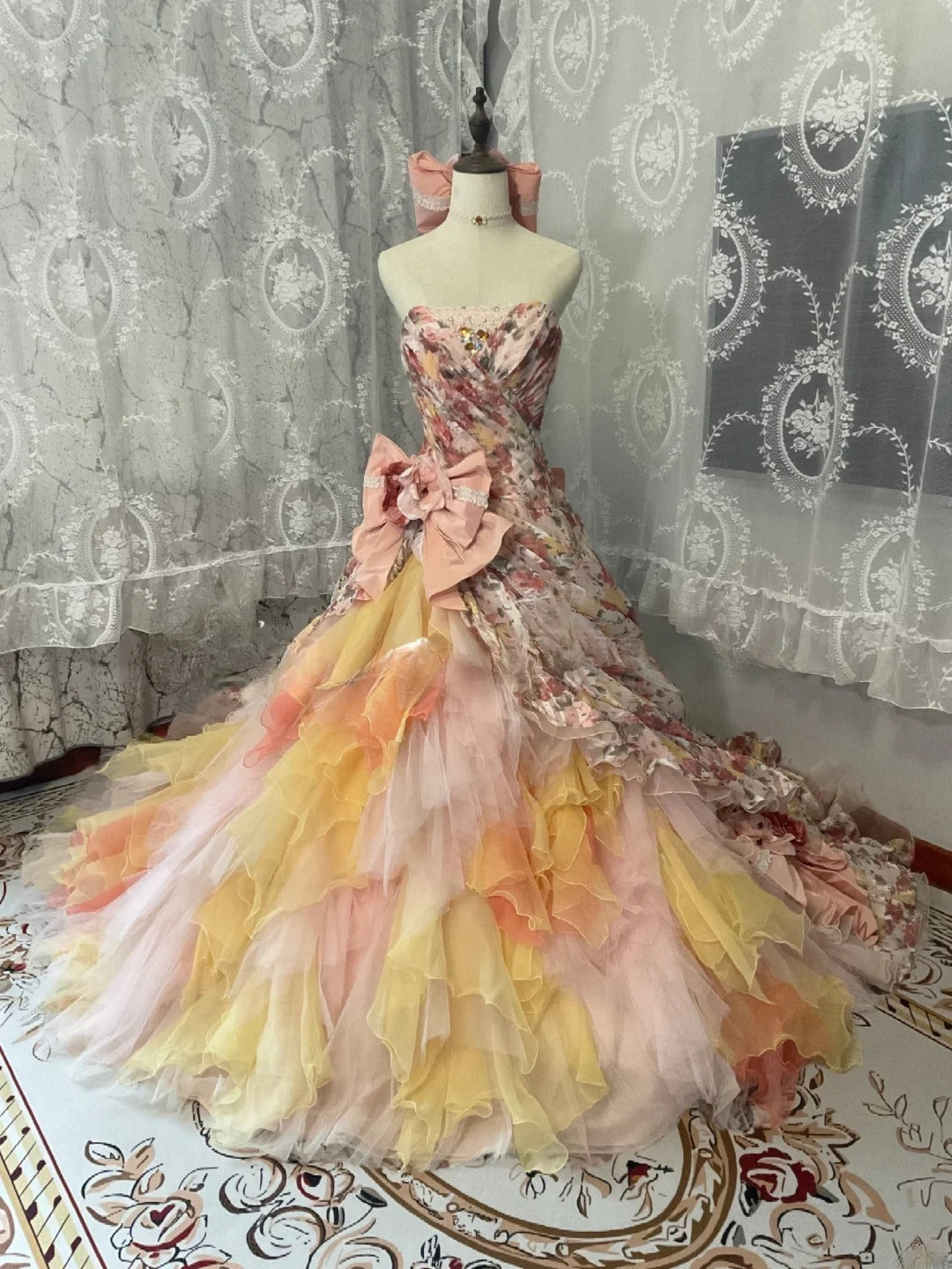 Strapless Pink Yellow Ombre Tiered Tulle Ball Gown Sweet 16 Dress, Long Ruffled Sweet Sixteen Birthday Party Dress RB9959