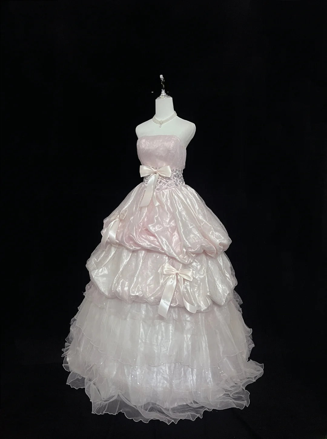 Cute Ball Gown Strapless Pink With Bow Ruffles Tiered Cake Skirt Long Quince Dress Voluminous Sweet 16 Sweet Sixteen Outfits Vestido de 15 RB7548