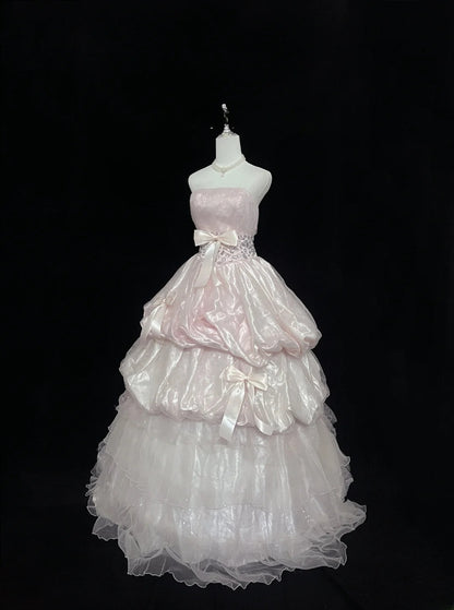 Cute Ball Gown Strapless Pink With Bow Ruffles Tiered Cake Skirt Long Quince Dress Voluminous Sweet 16 Sweet Sixteen Outfits Vestido de 15 RB7548