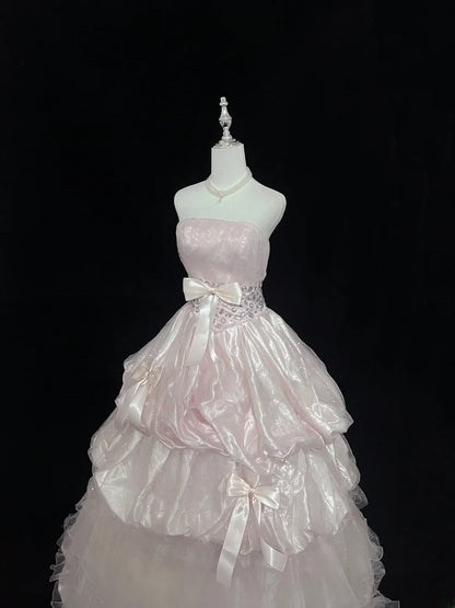 Cute Ball Gown Strapless Pink With Bow Ruffles Tiered Cake Skirt Long Quince Dress Voluminous Sweet 16 Sweet Sixteen Outfits Vestido de 15 RB7548