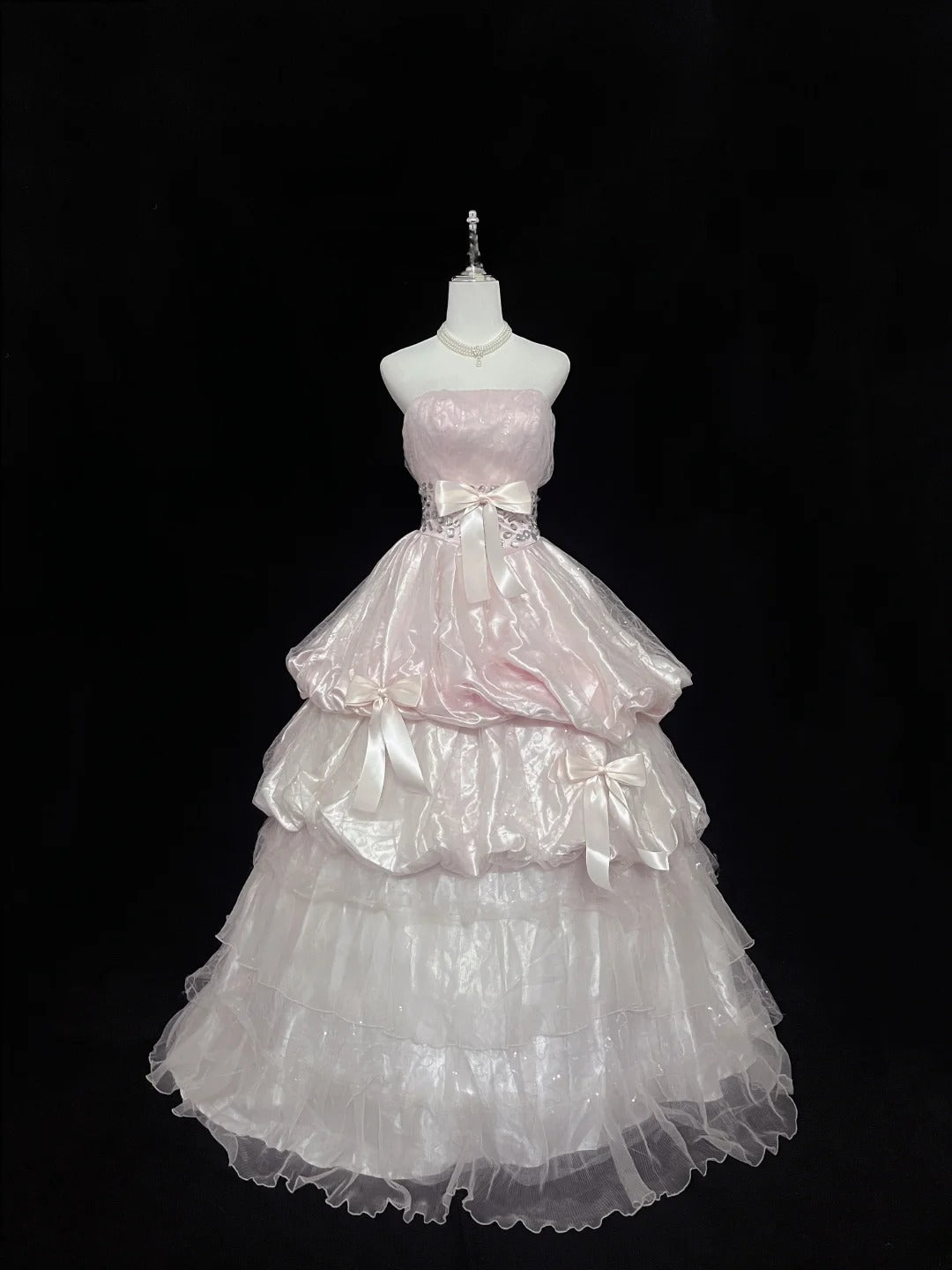 Cute Ball Gown Strapless Pink With Bow Ruffles Tiered Cake Skirt Long Quince Dress Voluminous Sweet 16 Sweet Sixteen Outfits Vestido de 15 RB7548
