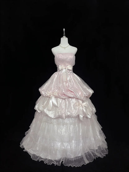 Cute Ball Gown Strapless Pink With Bow Ruffles Tiered Cake Skirt Long Quince Dress Voluminous Sweet 16 Sweet Sixteen Outfits Vestido de 15 RB7548