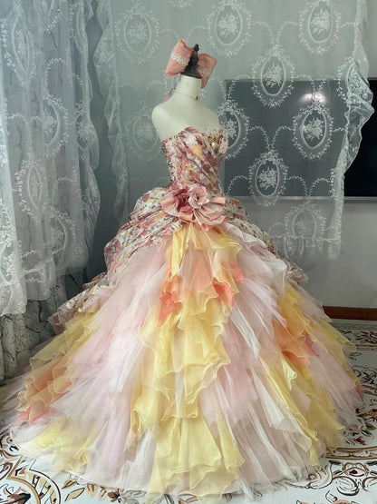 Strapless Pink Yellow Ombre Tiered Tulle Ball Gown Sweet 16 Dress, Long Ruffled Sweet Sixteen Birthday Party Dress RB9959