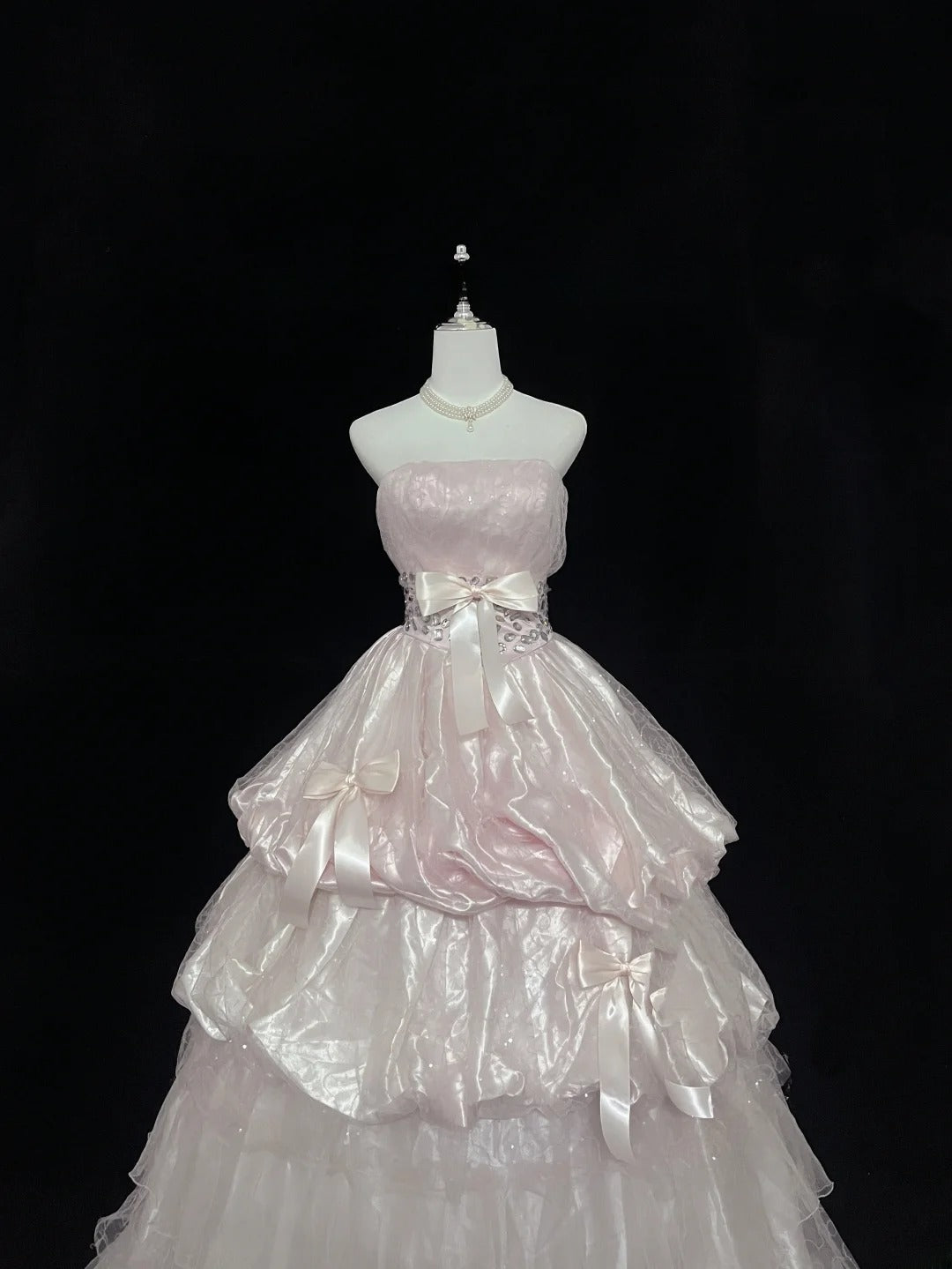 Cute Ball Gown Strapless Pink With Bow Ruffles Tiered Cake Skirt Long Quince Dress Voluminous Sweet 16 Sweet Sixteen Outfits Vestido de 15 RB7548