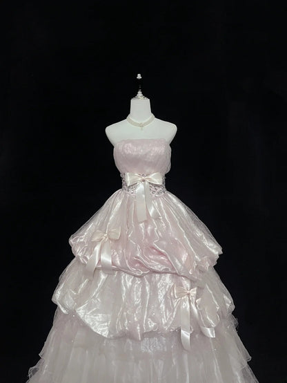 Cute Ball Gown Strapless Pink With Bow Ruffles Tiered Cake Skirt Long Quince Dress Voluminous Sweet 16 Sweet Sixteen Outfits Vestido de 15 RB7548