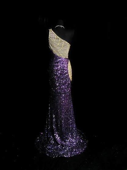 Sparkly Prom Dresses Mermaid One Shoulder Sequin Purple With Beads Sleeveless Long Formal Outfits RB5978