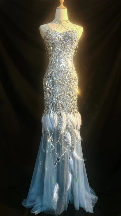 Vintage Prom Dresses Mermaid Sweetheart  Light Sky Blue With Crystals Sleeveless Long Evening Formal Outfits RB3603