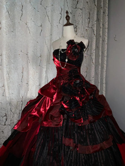 Strapless Burgundy Black Tiered Tulle Ball Gown Sweet 16 Dress, Long Ruffled Sweet Sixteen Birthday Party Dress RB9960