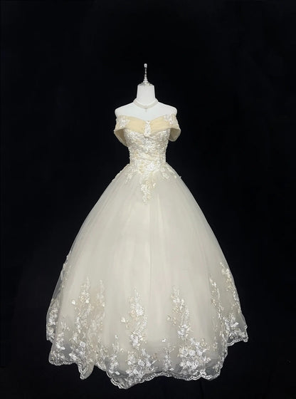 Cute Ball Gown Off The Shoulder Light Yellow With Appliqued Long Quince Dress Voluminous Sweet 16 Sweet Sixteen Outfits Vestido de 15 RB7549