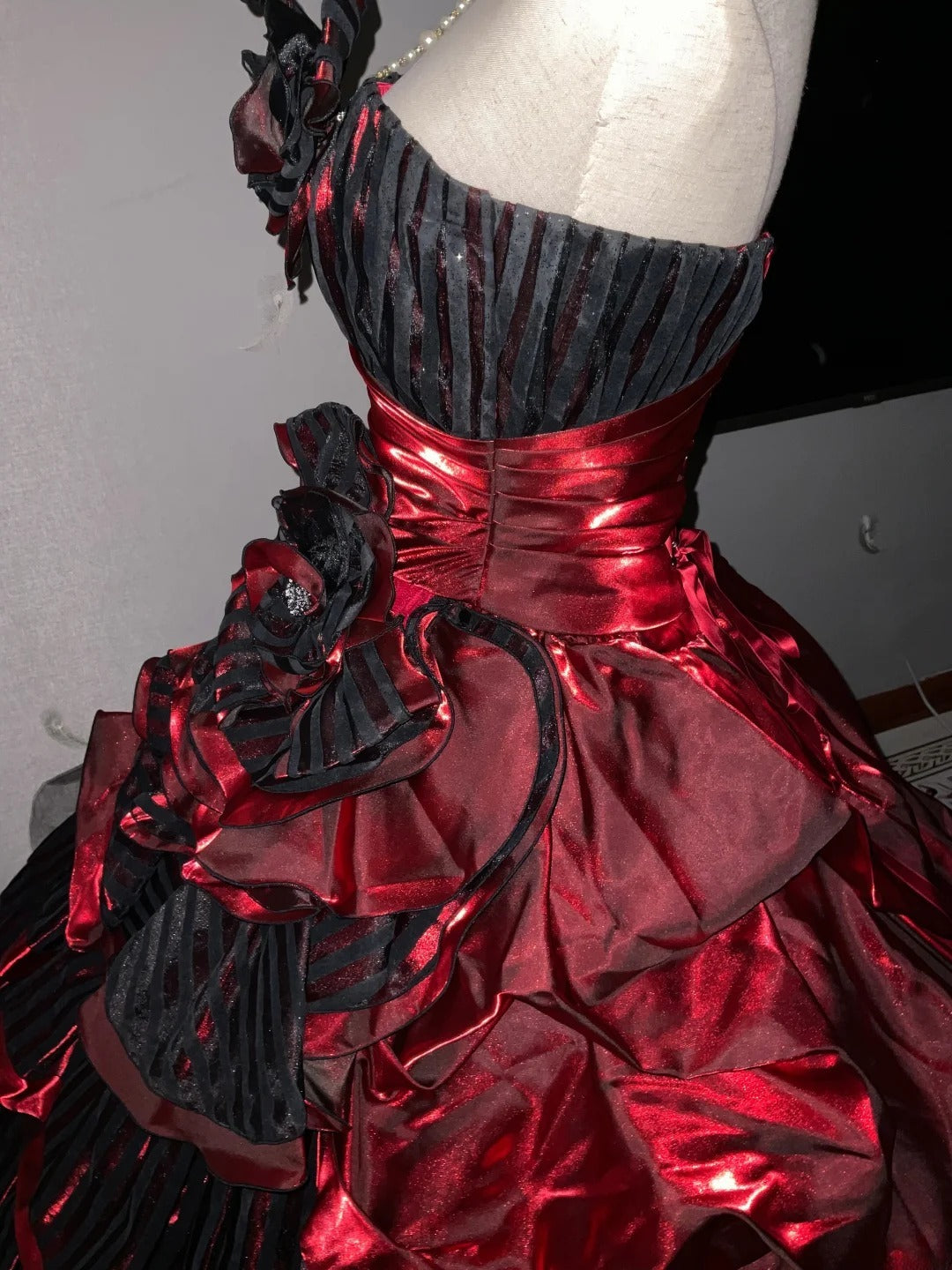 Strapless Burgundy Black Tiered Tulle Ball Gown Sweet 16 Dress, Long Ruffled Sweet Sixteen Birthday Party Dress RB9960