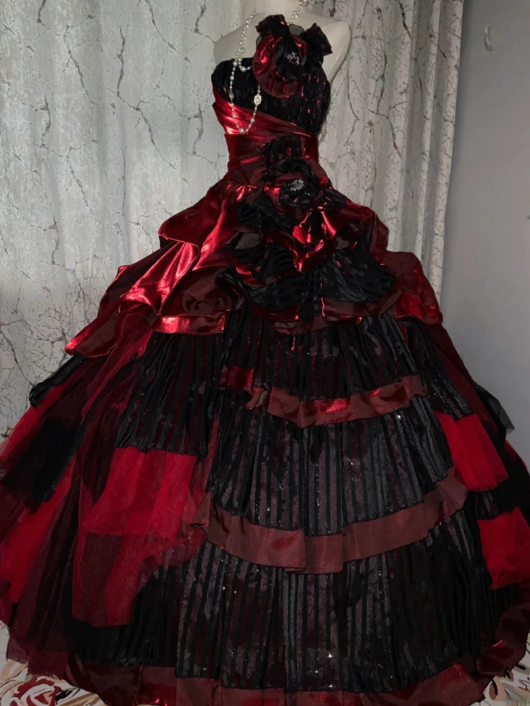 Strapless Burgundy Black Tiered Tulle Ball Gown Sweet 16 Dress, Long Ruffled Sweet Sixteen Birthday Party Dress RB9960