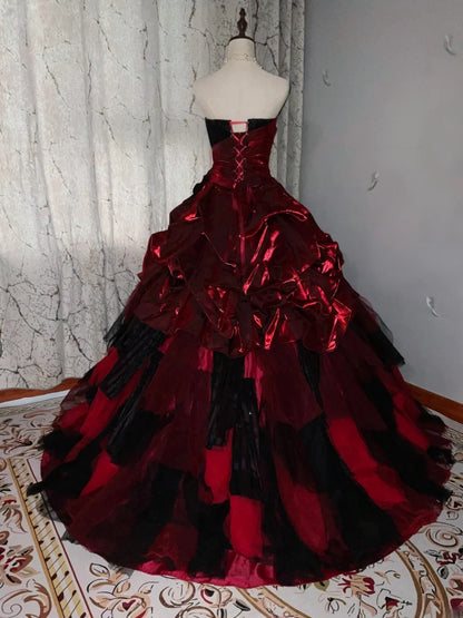 Strapless Burgundy Black Tiered Tulle Ball Gown Sweet 16 Dress, Long Ruffled Sweet Sixteen Birthday Party Dress RB9960