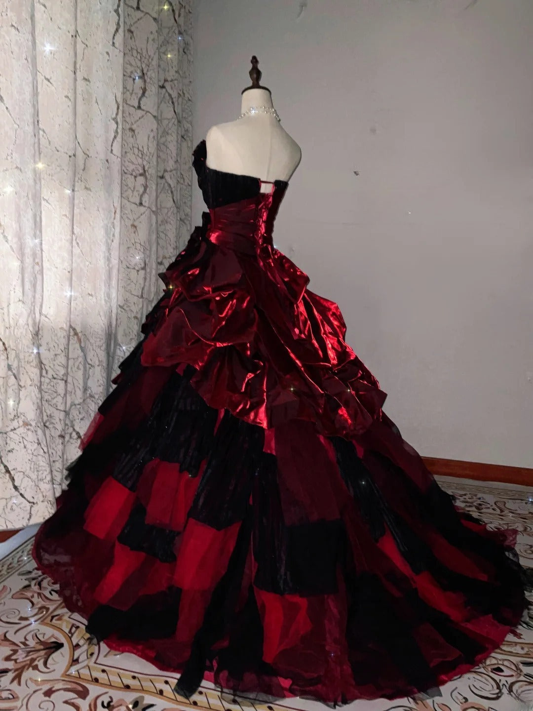 Strapless Burgundy Black Tiered Tulle Ball Gown Sweet 16 Dress, Long Ruffled Sweet Sixteen Birthday Party Dress RB9960