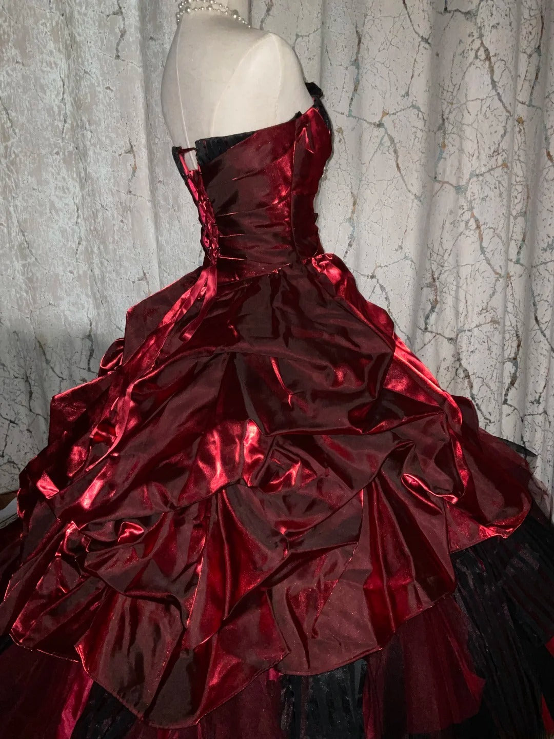 Strapless Burgundy Black Tiered Tulle Ball Gown Sweet 16 Dress, Long Ruffled Sweet Sixteen Birthday Party Dress RB9960