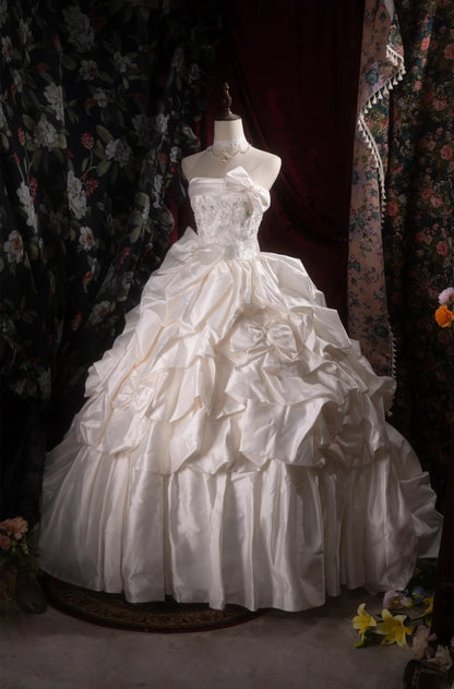 Cute Princess Ball Gown Formal Events Strapless Taffeta White With Tiered Quince Dress Quinceanera Dresses Birthday Outfits RB8368