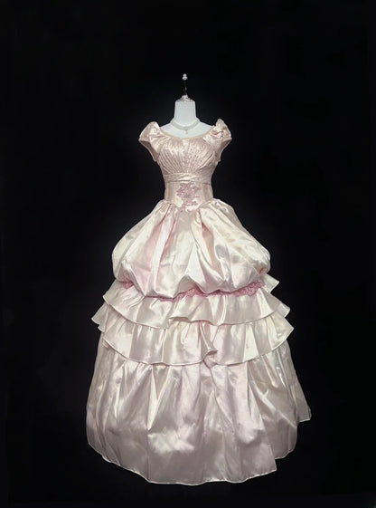 Princess Ball Gown Boat Light Pink Satin With Appliqued Long Quince Dress Voluminous Sweet 16 Sweet Sixteen Outfits Vestido de 15 RB7550