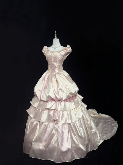 Princess Ball Gown Boat Light Pink Satin With Appliqued Long Quince Dress Voluminous Sweet 16 Sweet Sixteen Outfits Vestido de 15 RB7550