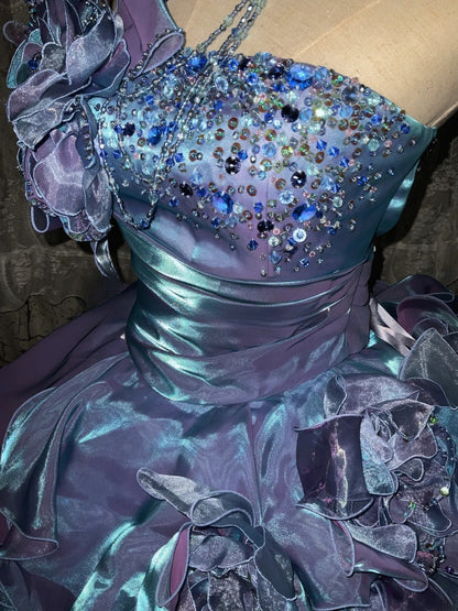 Gothic Strapless Sweet 16 Ball Gown, Blue & Purple Layered Tulle Long Sweet Sixteen Formal Dress RB9961