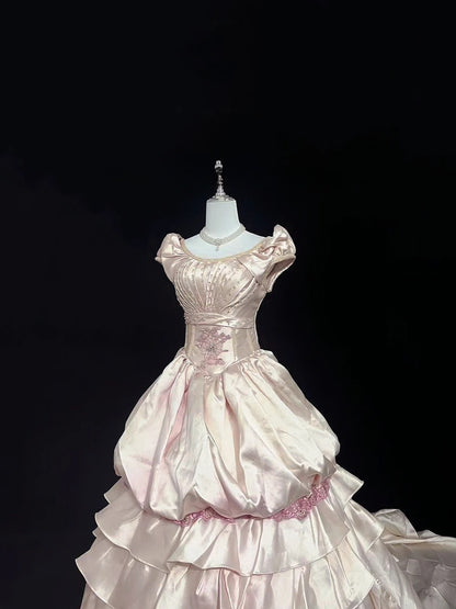 Princess Ball Gown Boat Light Pink Satin With Appliqued Long Quince Dress Voluminous Sweet 16 Sweet Sixteen Outfits Vestido de 15 RB7550