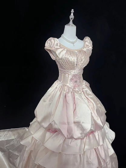 Princess Ball Gown Boat Light Pink Satin With Appliqued Long Quince Dress Voluminous Sweet 16 Sweet Sixteen Outfits Vestido de 15 RB7550