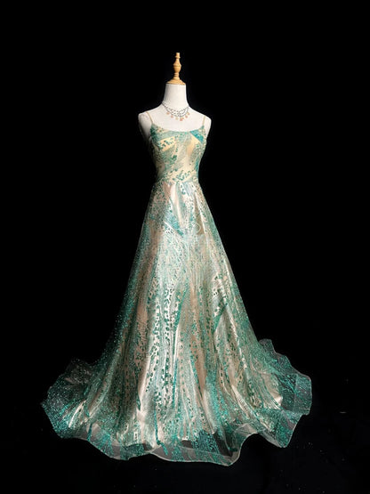 Vintage Prom Dresses Ball Gown Spaghetti Strap Green Sequin Long Party Gown Formal Outfits RB5979