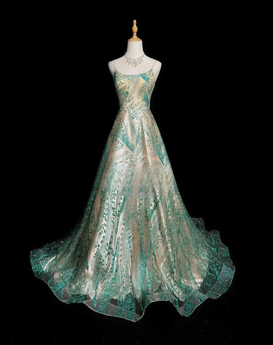 Vintage Prom Dresses Ball Gown Spaghetti Strap Green Sequin Long Party Gown Formal Outfits RB5979