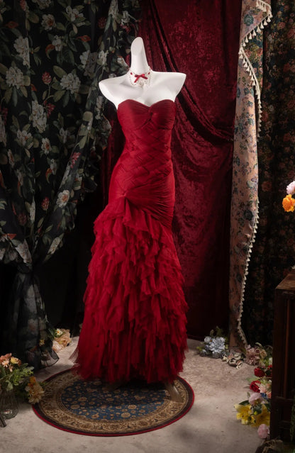 Charming Mermaid Sweetheart Red Tulle With Tiered School Dances Prom Dresses 8th Grade Formal Outfits Evening Dress RB8369