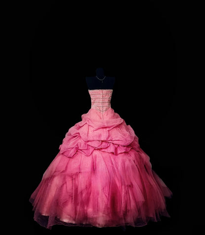 Modest Ball Gown Strapless Pink Tulle Long Quinceañera Dress Moda 2000 15 Quinceanera Dresses Ideas Sweet 16 Outfits RB7154