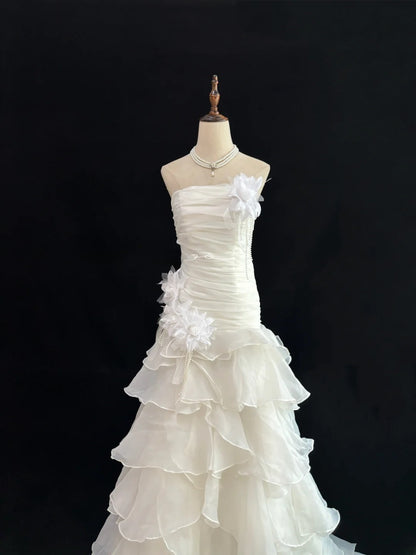 Vintage Mermaid Strapless White With Tiered Layers Chiffon Brides Gown Bridal Dress Wedding Dresses Style RB7572