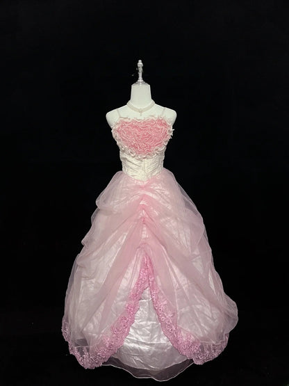 Cute Ball Gown Spaghetti Straps Pink With Lace Ruffles Tiered Long Quince Dress Voluminous Sweet 16 Sweet Sixteen Outfits Vestido de 15 RB7573