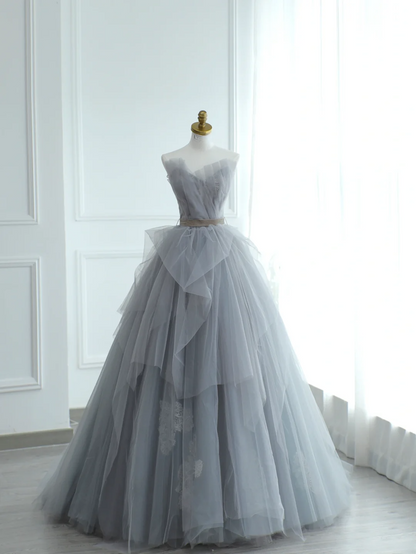 Chic Ball Gown Strapless Silver Gray Tulle Long Formal Prom Dresses Dance Night Outfits Evening 18th Birthday Outfit AS172