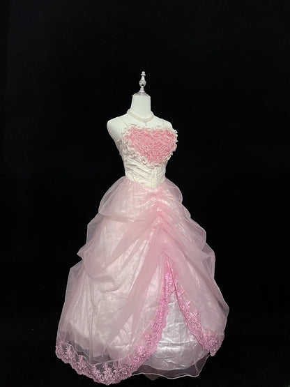 Cute Ball Gown Spaghetti Straps Pink With Lace Ruffles Tiered Long Quince Dress Voluminous Sweet 16 Sweet Sixteen Outfits Vestido de 15 RB7573