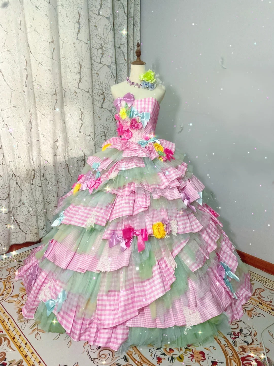Gothic Strapless Sweet 16 Ball Gown, Pink & Green Layered Tulle Long Sweet Sixteen Formal Dress RB9962