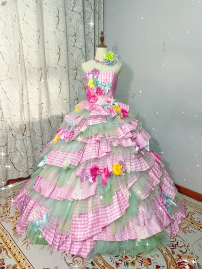Gothic Strapless Sweet 16 Ball Gown, Pink & Green Layered Tulle Long Sweet Sixteen Formal Dress RB9962