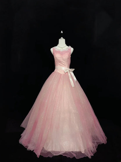 Cute Ball Gown Scoop Pink With Lace Tulle Long Quince Dress Voluminous Sweet 16 Sweet Sixteen Outfits Vestido de 15 RB7574