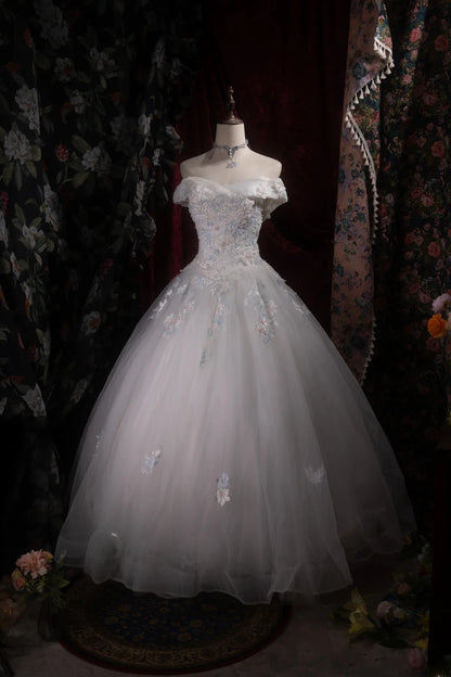 Cute Princess Ball Gown Formal Events Off The Shoulder Gray White With Lace Quince Dress Quinceanera Dresses Birthday Outfits RB8370