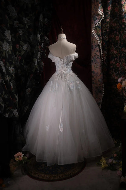 Cute Princess Ball Gown Formal Events Off The Shoulder Gray White With Lace Quince Dress Quinceanera Dresses Birthday Outfits RB8370