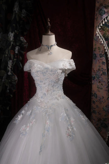 Cute Princess Ball Gown Formal Events Off The Shoulder Gray White With Lace Quince Dress Quinceanera Dresses Birthday Outfits RB8370