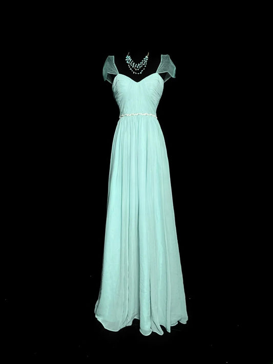 Simple Prom Dresses A line Sweetheart Blue Chiffon With Beads Sleeveless Long Formal Outfits RB5981