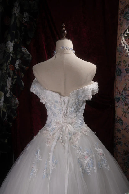Cute Princess Ball Gown Formal Events Off The Shoulder Gray White With Lace Quince Dress Quinceanera Dresses Birthday Outfits RB8370