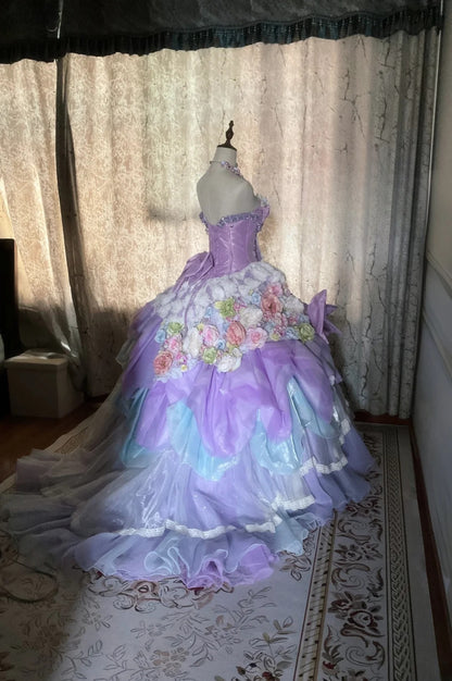 Cute Sweet 16 Dress Lilac Sweetheart Ball Gown With 3D Flowers Tiered Layers Sweet Sixteen Dress RB9964