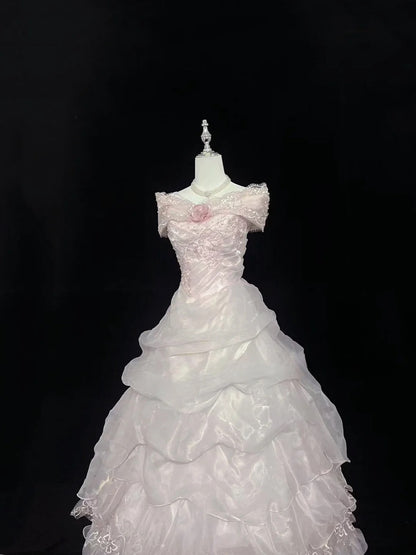 Cute Ball Gown Off The Shoulder Pink Organza With Tiered Layers Long Quince Dress Voluminous Sweet 16 Sweet Sixteen Outfits Vestido de 15 RB7576